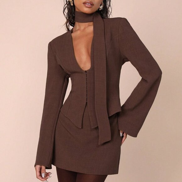 brown Casual Women's Long Sleeve Top And Skirt coord Set - Picture 1 of 8